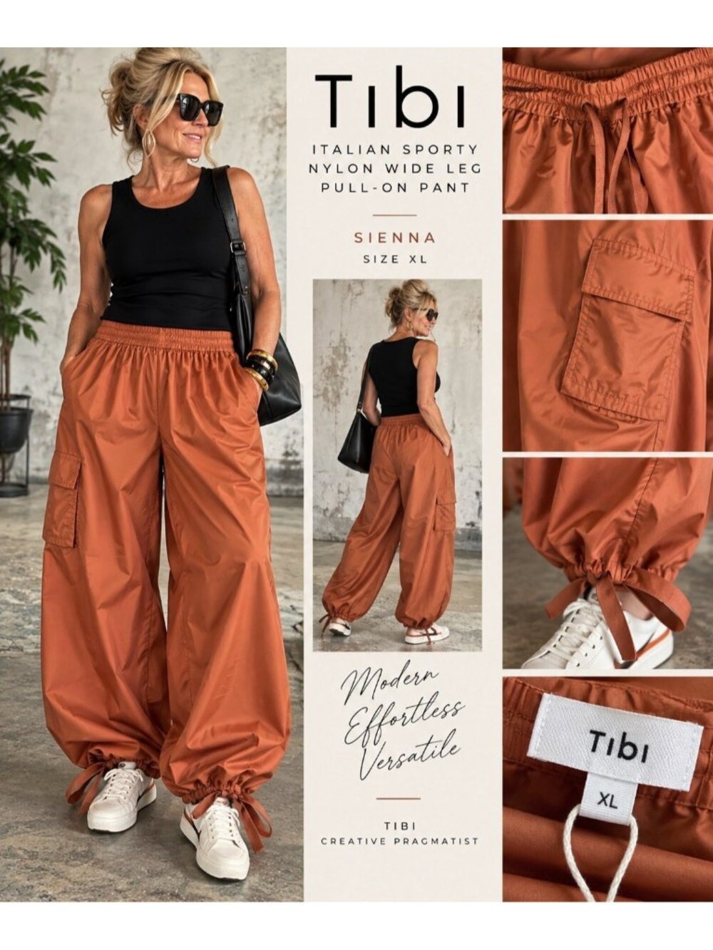 Tibi Italian Sporty Nylon Wide Leg Pull On Pants Rare Sienna Brown XL NWT $445